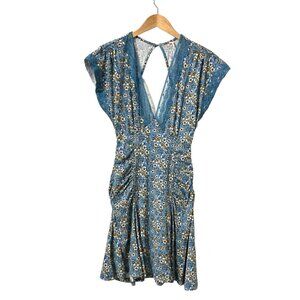 Free People Blue Floral Lace Trim Mini Dress Size S Open Back Boho Festival
